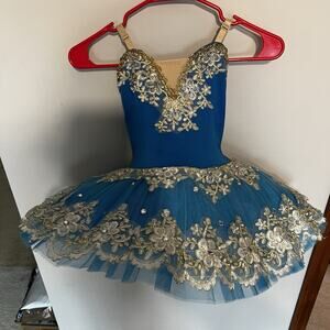 Professional Ballet Tutu Blue Gold White Pancake Ballet Tutu Child Size 4-6 YAGP